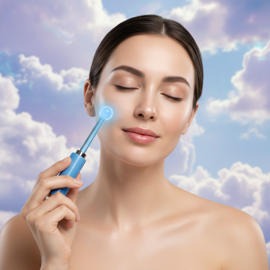 Woman using Cloud Argon Wand blue electrode on clear glowing skin in dreamy cloud spa setting